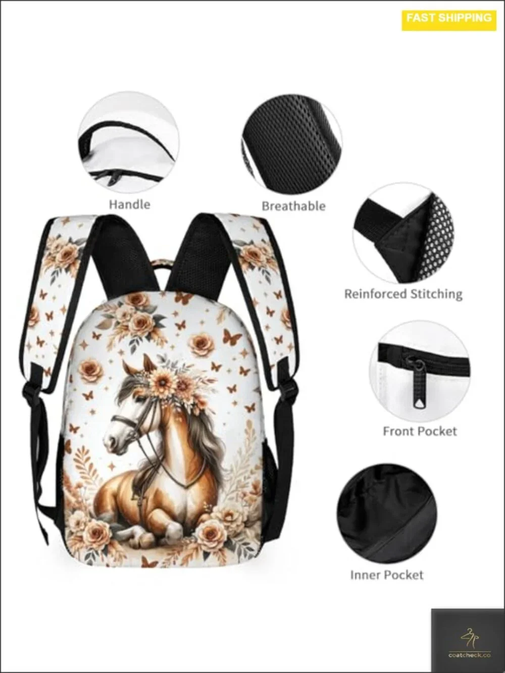 Horse Print Kids Backpack with Lunch Bag & Pencil Case, 17in Bookbag, Nylon